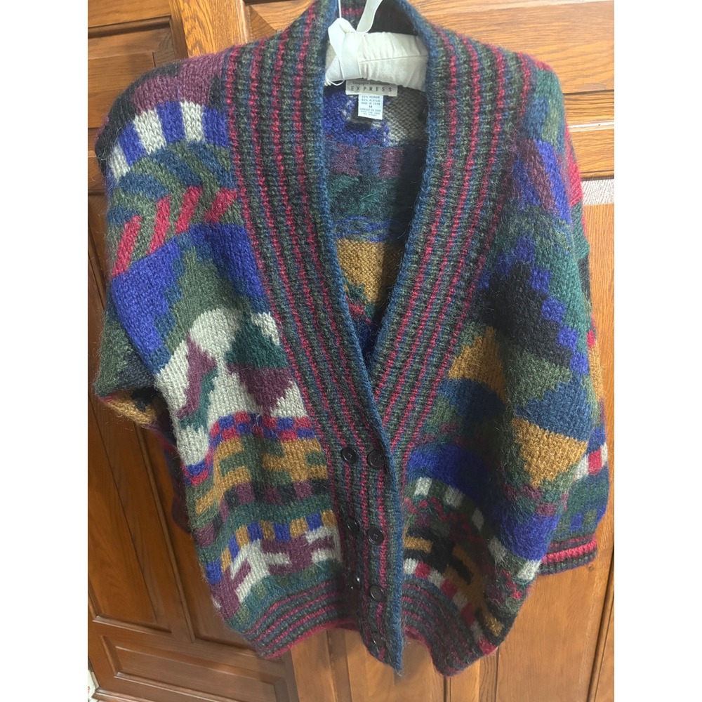 VTG  Express Mohair Blend Cardigan‎ Multicolor Geometric Abstract Sweater M
